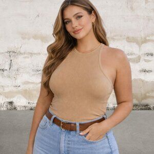 OAK + FORT Tan Ribbed Fitted Tank Top Size Small